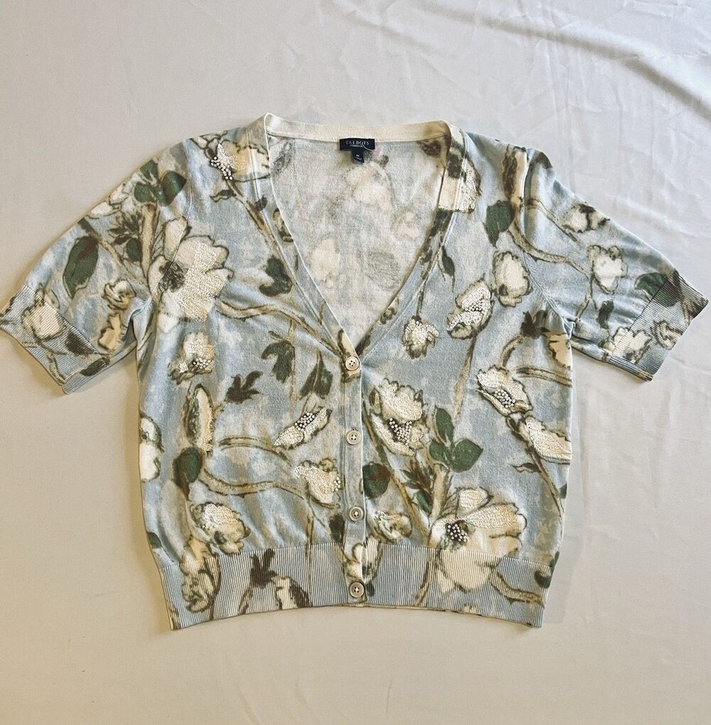 Talbot Woman’s Bling Embroidery Crop Sweater Sz M Floral Preppy Academia Cotton